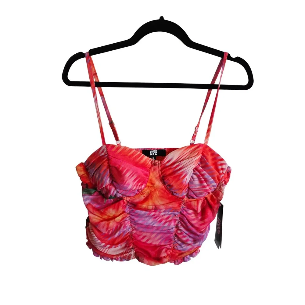 Madden NYC M Pink Orange Tropical Mesh Shirred Bustier Crop Top Medium NWT